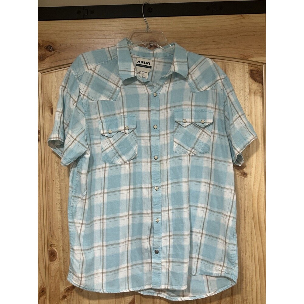 Ariat Retro Fit Men’s Short Sleeve Western Light Blue Plaid Pearl Snaps Size XL